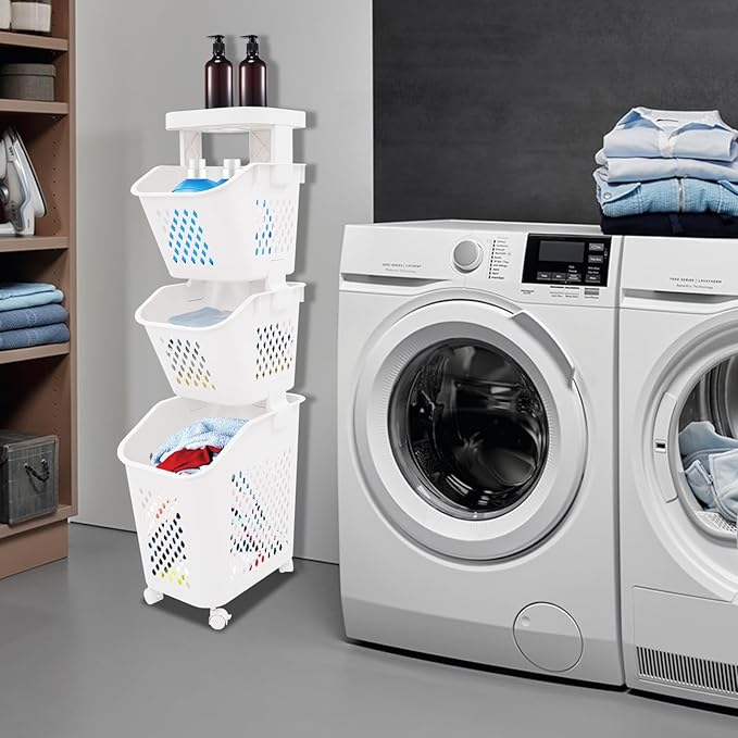 3-Tier Rolling Laundry Cart with Wheels, 39'' Stackable Vertical Laundry Sorter & Organizer for Bathroom, Bedroom, and Laundry Room (3-Tier)