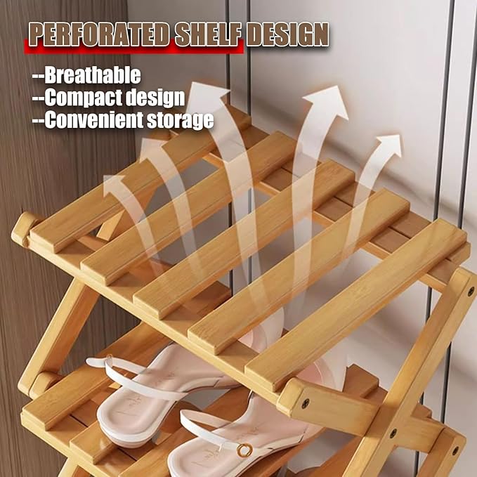 The 9-Tier No-Assembly Bamboo Rack, 2-9 Tier Folding Shoe Storage Rack, Space-Saving Organizer for Shoes, No Assembly Narrow Shoe Shelf for Entryway Closet Dorm (Natural, 6 Tier)
