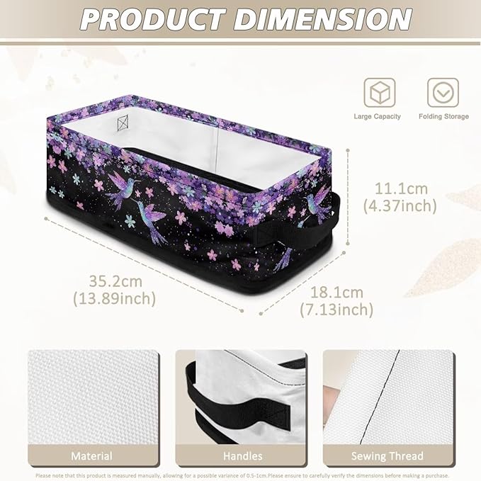 Narrow Storage Bin Toilet Tank Topper Baskets Universal Fabric Baskets Rectangular Foldable Storage Caddy Container for Towels Bathroom Essentials, Blue Violet Hummingbird Flower Black