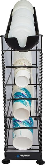 San Jamar Wireworks Cup and Lid Dispenser Fits 8 - 44 Oz. Cups, 4 Tiers with Suction Cup Feet for Restaurants, Fast Food, And Kitchens, Plastic, 8.25 X 21.25 X 28 Inches, Black
