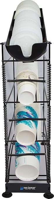 San Jamar Wireworks Cup and Lid Dispenser Fits 8 - 44 Oz. Cups, 4 Tiers with Suction Cup Feet for Restaurants, Fast Food, And Kitchens, Plastic, 8.25 X 21.25 X 28 Inches, Black