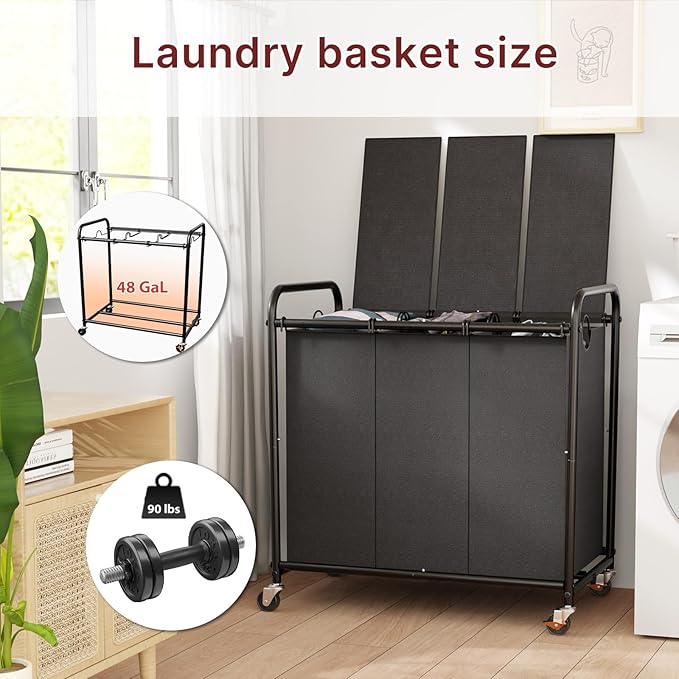 3-Compartment Laundry Cart with Lockable Wheels & Lid 180L Large Wheeled Laundry Basket Heavy-Duty Sorting Organizer for Laundry Room (Black)
