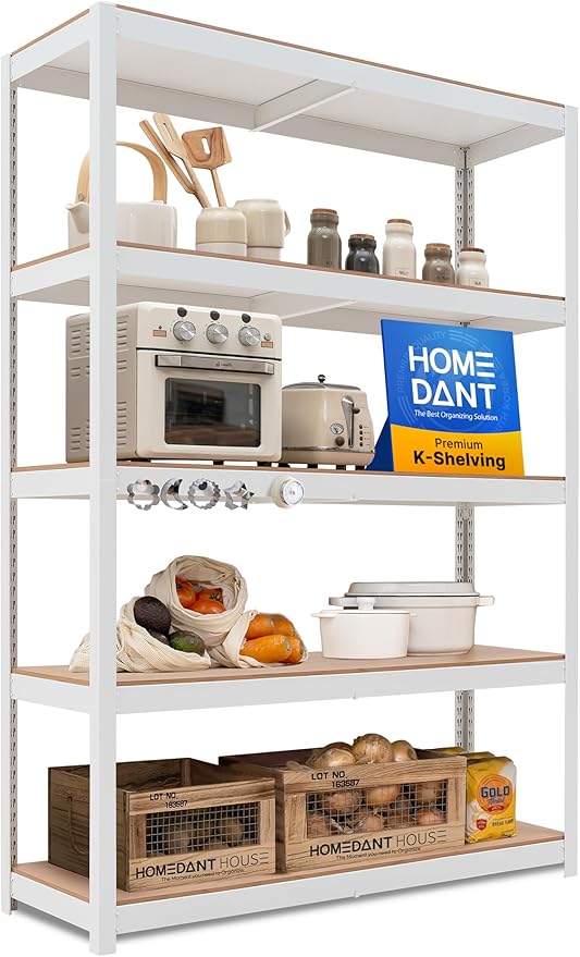 HOMEDANT House 5 Tier Heavy Duty Garage Shelving Adjustable Metal Rack Storage Shelves Standing Shelf Unit Organizers Pantry Closet Office (1, White, 48.1" W x 16.5" D)