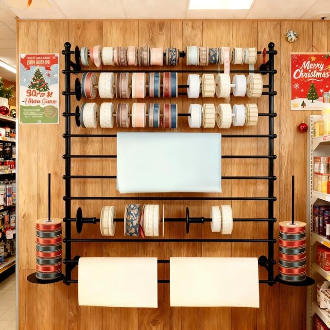12 Layers Black Wall Display Stand Wrapping Paper Ribbon Organizer Holder Storage Scarf Tie Belt Towel Spool Sewing Tool Hijab Metal Shelving for Home, Retail Stores, Flower Shop,Studio-120cm