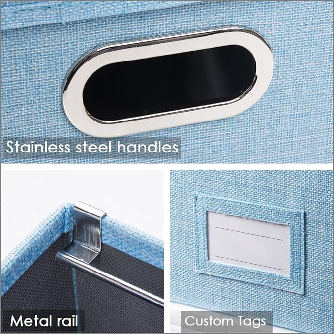 PRANDOM File Organizer Box - Set of 4 Collapsible Decorative Linen Filing Storage Hanging File Folders with Lids Office Cabinet Letter Size Blue (14x9.3x10.8 inch)