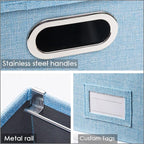 PRANDOM File Organizer Box - Set of 4 Collapsible Decorative Linen Filing Storage Hanging File Folders with Lids Office Cabinet Letter Size Blue (14x9.3x10.8 inch)