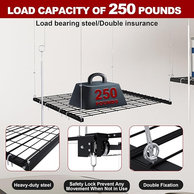 Garage Storage Lift,Overhead Garage Storage Rack,4x4 FT Ceiling Storage Racks for 10-12 FT, 250LBS Capacity All-Steel Construction with Safety Lock (4 * 4)