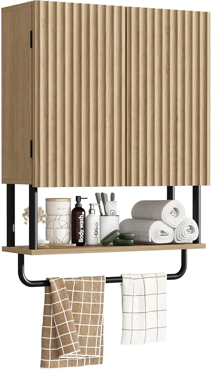RUSTOWN Fluted Bathroom Wall Cabinet with 2 Doors, 3-Tier Modern Farmhouse Medicine Cabinet, Over The Toilet Storage Cabinet with Adjustable Shelf and Towel Bar (Natural, Medium)