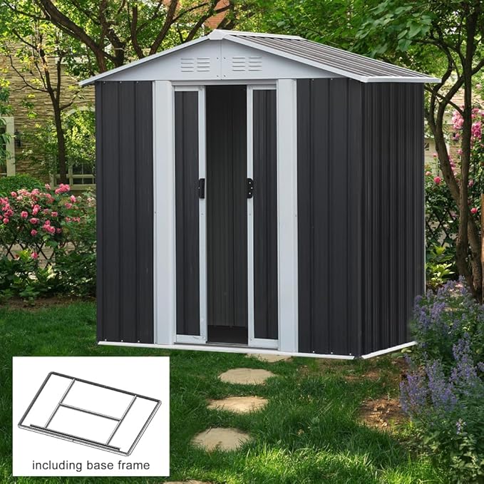 Heavy-Duty Outdoor Garden Shed with Aluminum Alloy Frame, Hinged Door, and Stable Foundation for Secure Storage (6x4 Feet Grey with Metal Base)