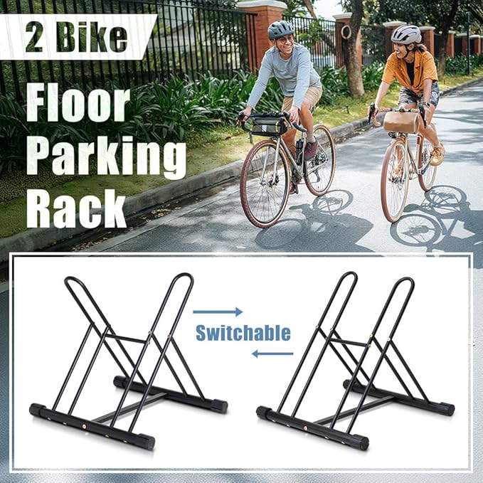 Japard Dual Bicycle Stand for Mountain, Road, or Kid’s Bikes, Floor Stand Instant Versatile Pro Quality Bike Rack, Fits 2.7 Inch Extra Wide Tire Width, Garage for 2 Bikes