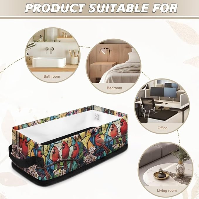 Toilet Paper Storage Basket for Organizing Collapsible Storage Bin Organizer Fabric Basket with Handles for Bathroom Essentials Cosmetics, American Cardinal Red Bird Stained Glass Flower