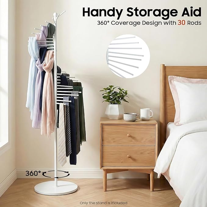 Scarf Organizer Stand, 67" Freestanding Scarf Display Rack with 30 Rods, Metal Spiral Scarf Holder Belt Pants Hanger for Commercial Clothing Retail Store Home, Space Saving Shelves(White)