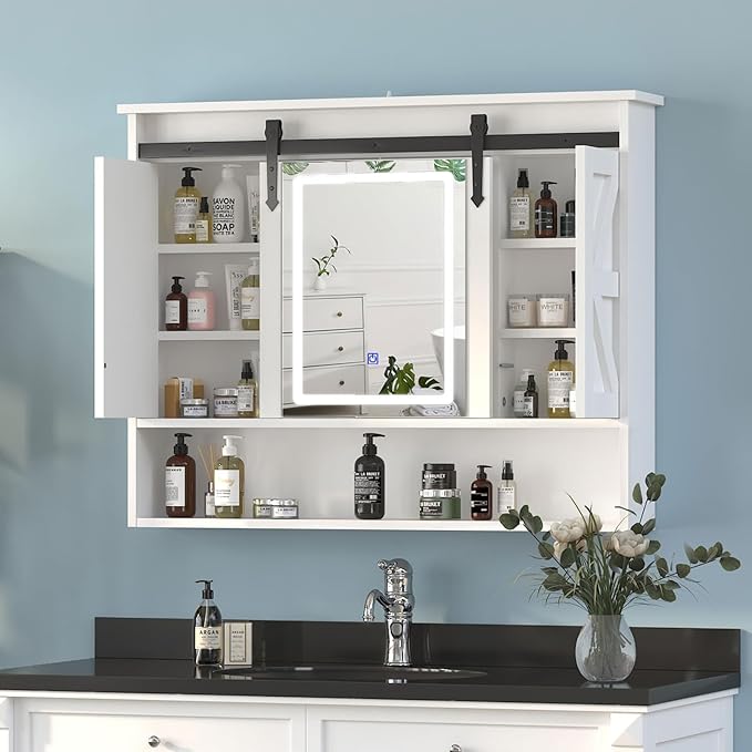 Farmhouse Lighted Medicine Cabinet with Mirror,Sliding Barn Door Mirrored Medicine Cabinet for Bathroom,3-Color Memory LED Medicine Cabinets Mirror Wall Mounted for Kitchen/Laundry,28x35