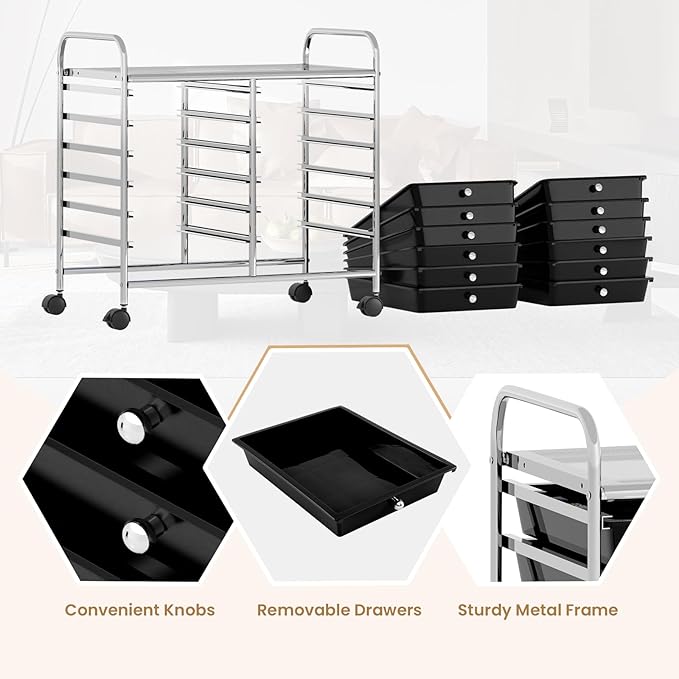 GOFLAME 12-Drawer Rolling Storage Cart, Multifunctional Art Craft Organizer Cart, Mobile Utility Storage Cart with Removable Drawers & Lockable Wheels, Craft Cart for Home Office School, Black