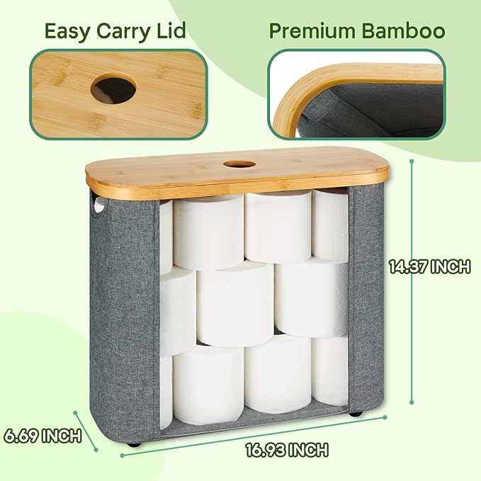 ELONG HOME Sleek Toilet Paper Storage, 30L Grey Fabric Toilet Paper Storage with Bamboo Lid, Durable Lining Storage Basket for TP, Towels, or Bathroom Essentials