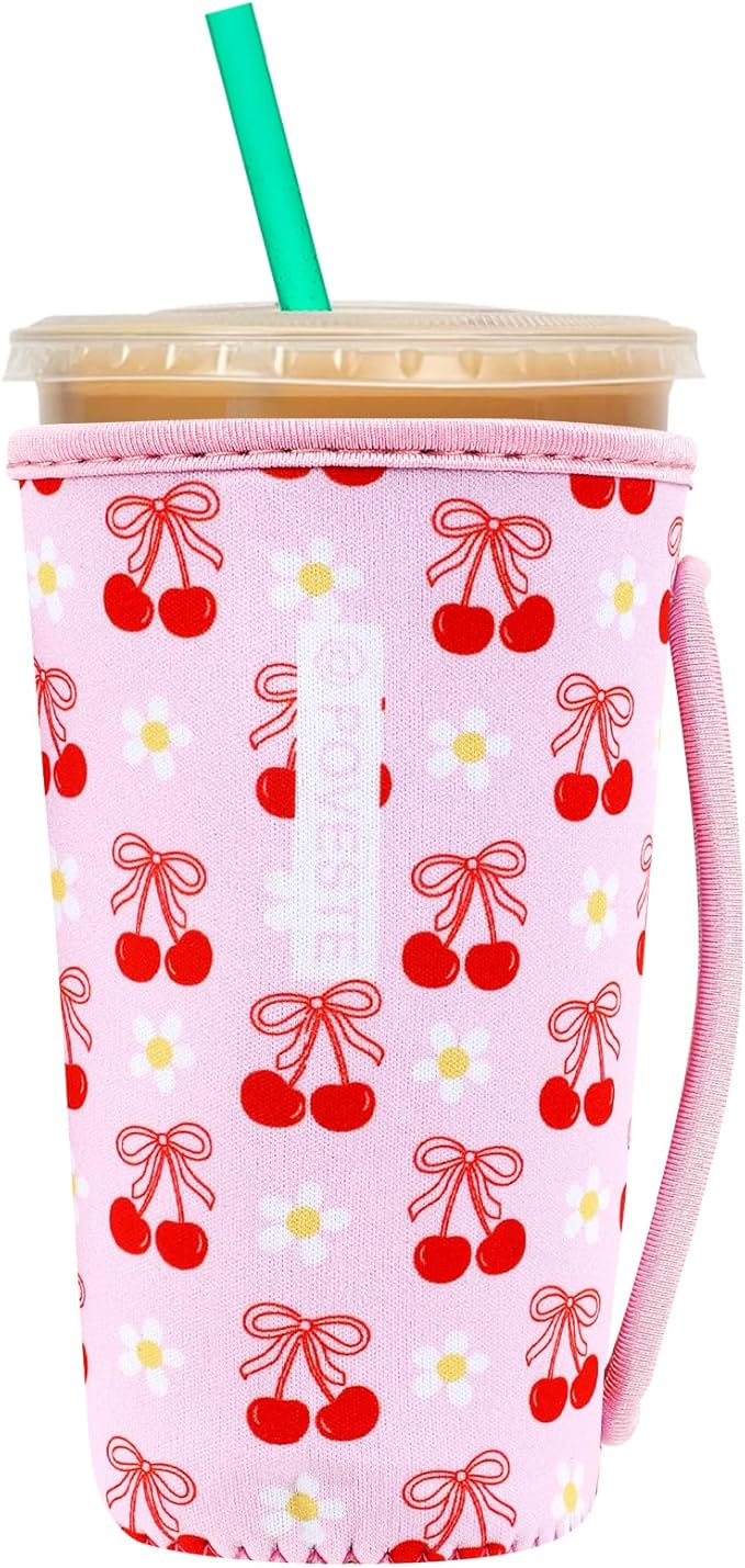 Reusable Neoprene Insulator Sleeve for Iced Coffee & Cold Soda, Coffee Sleeves for Iced & Hot Drinks, Cold Beverage Cooler Compatible with Starbucks, Dunkin (Cherry Bomb, Large: 32oz)