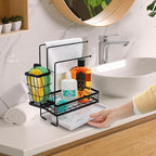Kitchen Sink Caddy with 3 Dishcloth Drying Racks, Sponge Holder Rag Stand with Drain Pan, Metal Sink Storage Organizer with Removal Basket for Brush, Towel, Scrubber, Dish Rag, Black