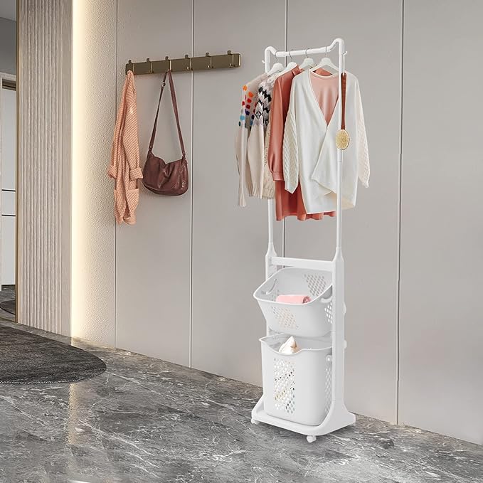 LYNICESHOP Rolling Laundry Basket Organizer, Laundry Hamper Basket Sorter Clothes Storage Laundry Sorter Cart Rolling Laundry Sorter 2 Tier Organizer Shelf with 2 Basket