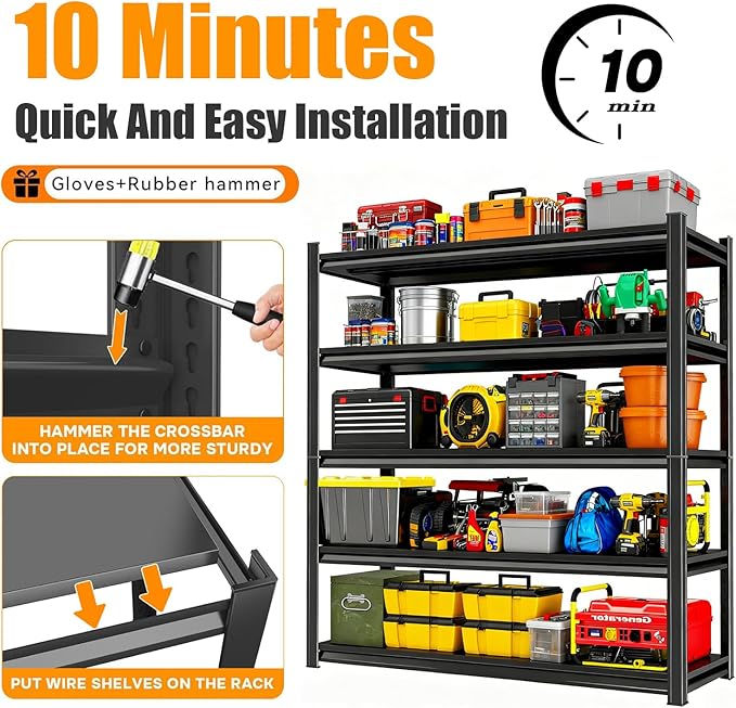 45.3''W Garage Shelving Heavy Duty 4-Tier Adjustable Storage Shelves Unit,2800 LBS Metal Utility Rack Shelf for Industries, Warehouses, Basement,Black (54.3''H x 45.3''W x 15.7''D)
