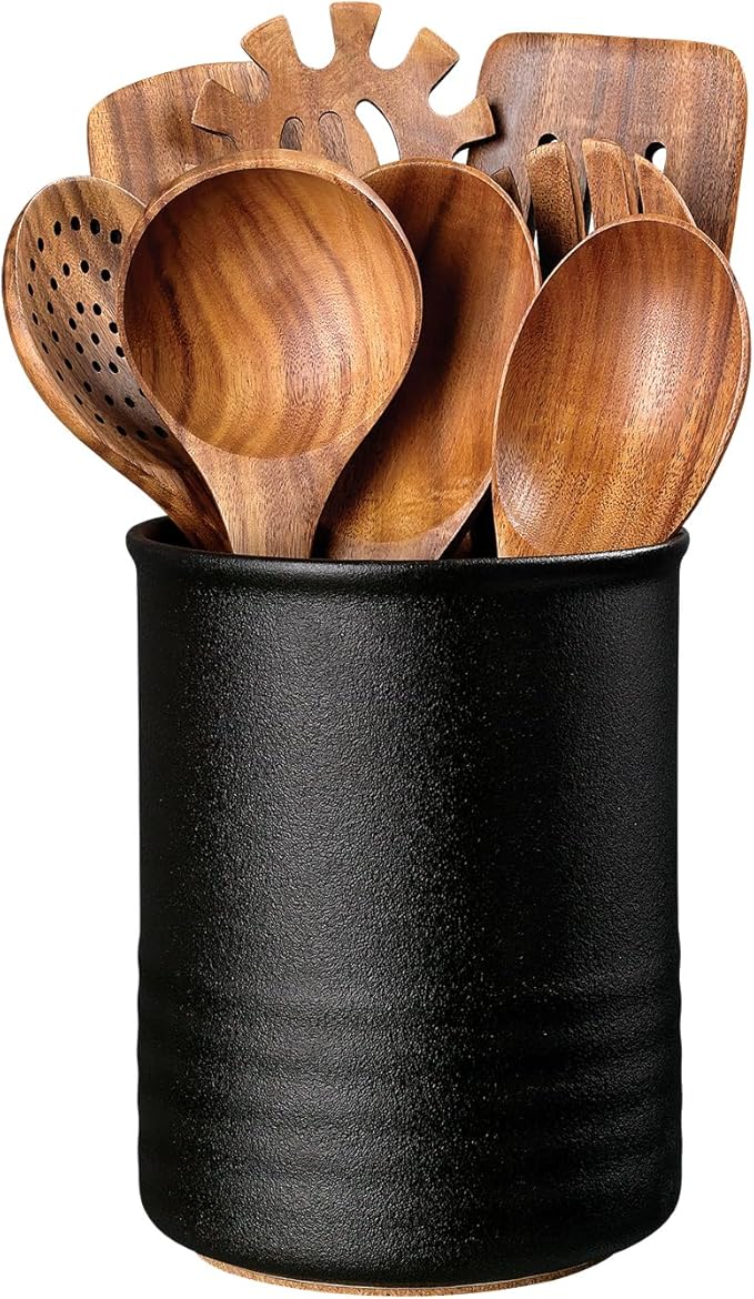 Utensil Holder, 6.7" Ceramic Kitchen Utensil Crock for Countertop Cooking, Modern Utensil Caddy Jar Organizer for Farmhouse Kitchen Counter Décor, Textured Black