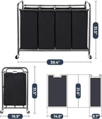 STO STO Laundry Sorter 4 Section, 4 Bag Clothes Hamper, Rolling Laundry Cart Basket with Heavy Duty Lockable Wheels and Removable Bag for Laundry Room, Bedroom, Closet, Black