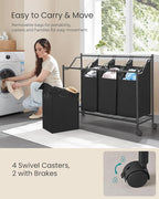 SONGMICS Rolling Laundry Sorter Basket with 4 Removable Bags, Laundry Hamper Cart, for Bedroom, Bathroom, 4 x 11.9 Gallons, Ink Black URLS103B01