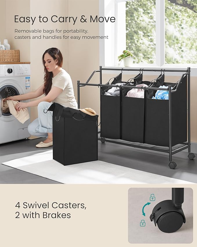 SONGMICS Rolling Laundry Sorter Basket with 4 Removable Bags, Laundry Hamper Cart, for Bedroom, Bathroom, 4 x 11.9 Gallons, Ink Black URLS103B01