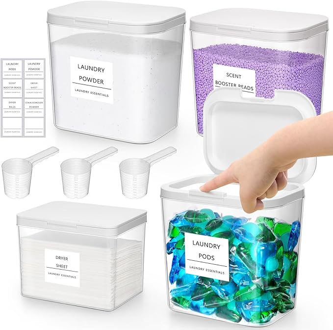 Lifewit 4 Pcs Laundry Pods Container with Pop-up Lid, Dryer Sheet Holder, Laundry Room Organization for Washing Powder, Scent Booster Beads, 2600 +2000ml/0.53+0.7gal