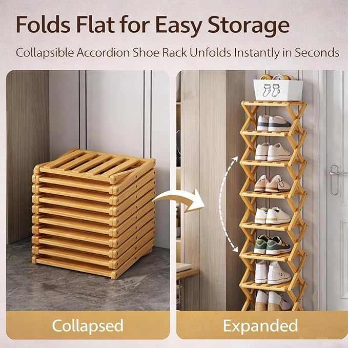 The 9-Tier No-Assembly Bamboo Rack, Folding Bamboo Shoe Rack Organizer with Collapsible Vertical Design, Space-Saving & No-Tool Assembly, for Entryways,Corners,Bedrooms,Balconies (Yellow,7)