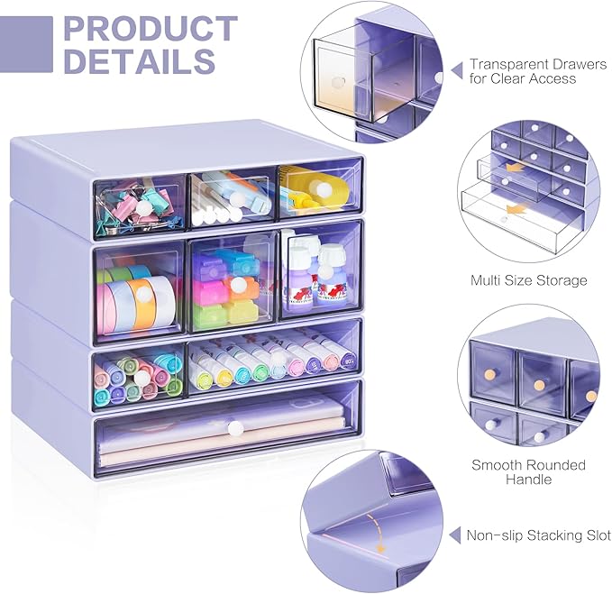 Desk Storage Organizer with 9 Drawers, 4 Tiers Stackable Desktop Craft Storage Drawers, Clear Storage Box Caddy for Stationary Makeup Jewelry Office Craft Supplies (Purple)