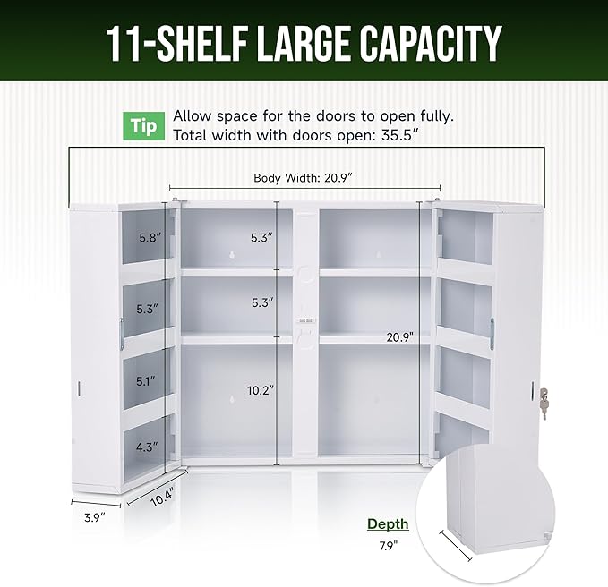 Large Locking Medicine Cabinet Wall Mounted - Metal Medical Cabinet with 11 Shelves - Medicine Cabinet with Lock and Keys for Safe Medication Storage
