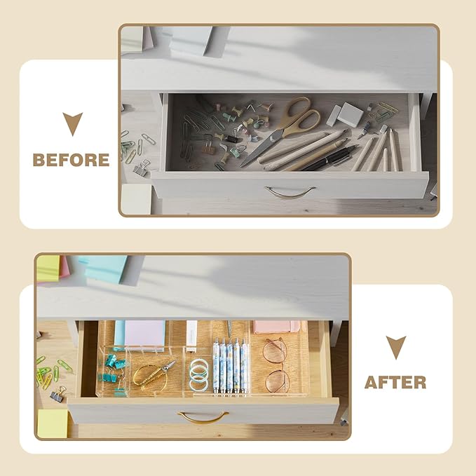 2 Pcs Acrylic Desk Drawer Organizer Maximum 11.8 x 17 x 1.9 Inch Expandable Drawer Organizer Trays with 7 Adjustable Compartments Desk Accessories for Makeup Silverware Office Bathroom