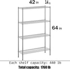 14" Deep x 42" Wide x 64" Height Wire Shelving Kit | 4-Tier | NSF Commercial Storage Rack Unit