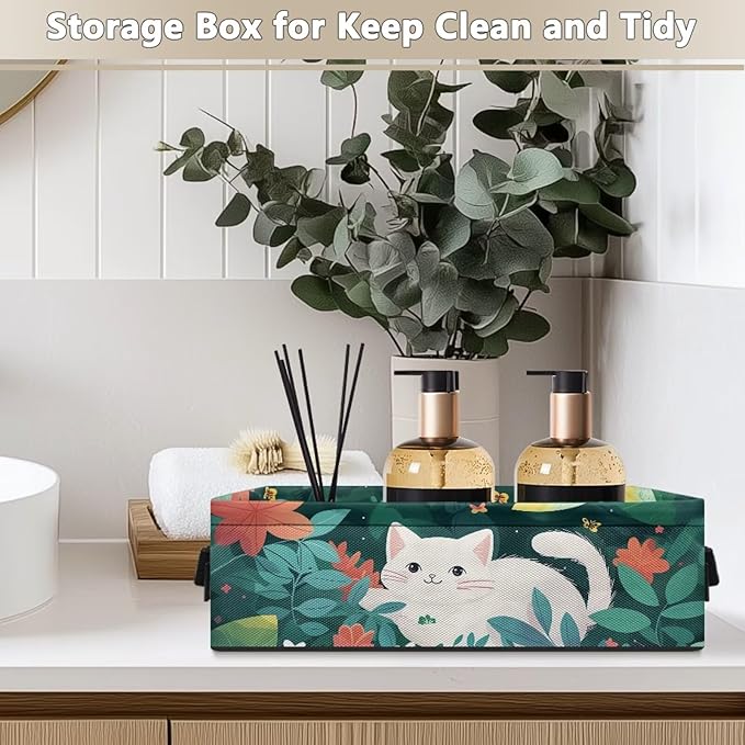 Small Bathroom Storage Basket Narrow Storage Bins Fabric Organizer Rectangular Bedroom Essentials Storage Container for Home Office Organization, White Cat Flower Green Leaves