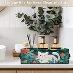 Small Bathroom Storage Basket Narrow Storage Bins Fabric Organizer Rectangular Bedroom Essentials Storage Container for Home Office Organization, White Cat Flower Green Leaves