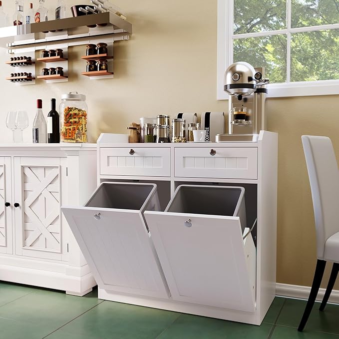 Double Tilt Out Trash Can Cabinet, Dog-Resistant, Fits 13.8"H Bins (Max 11.8"x11.8" Base), Includes Removable Fabric Hamper, Easy Assembly, White for Kitchen & Laundry