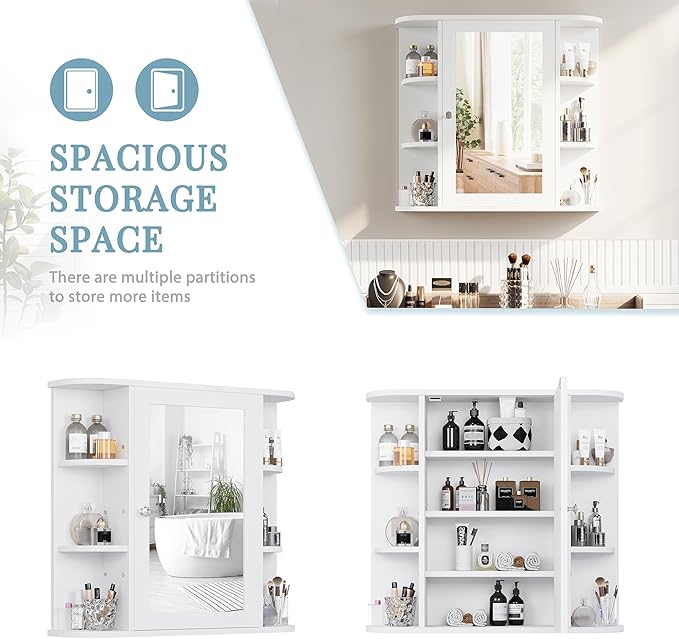 Shintenchi Bathroom Wall Cabinet with Mirror, Mounted Medicine Cabinets with 4 Internal and 6 Open Shelves, Mirrored Door Over The Toilet Storage, Solid White