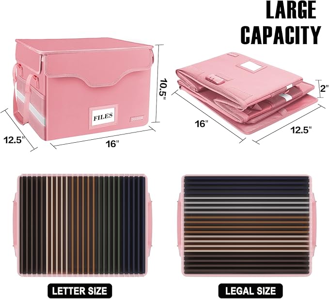 DocSafe Fireproof Document Box with Lock,File Storage Organizer with Pockets,Collapsible Portable File Box Home Office Safe Filing Cabinet with Handle for Hanging Letter/Legal Folders,Pink,2 Pack