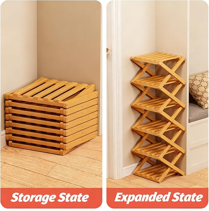 The 9-Tier No-Assembly Bamboo Rack, 2026 Upgraded Foldable Bamboo Shoe Rack, Space-Saving Organizer for Shoes, No Assembly Narrow Shoe Shelf for Entryway Closet Dorm (Nature,5-Tier)