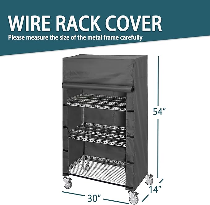 Waterproof Shelving Cover for Storage Shelf and Wire Rack, 30" W x 14" D x 54" H, Heavy-Duty Dust Cover with Nylon Buckle and Hook & Loop Closure (Black, No Shelves)