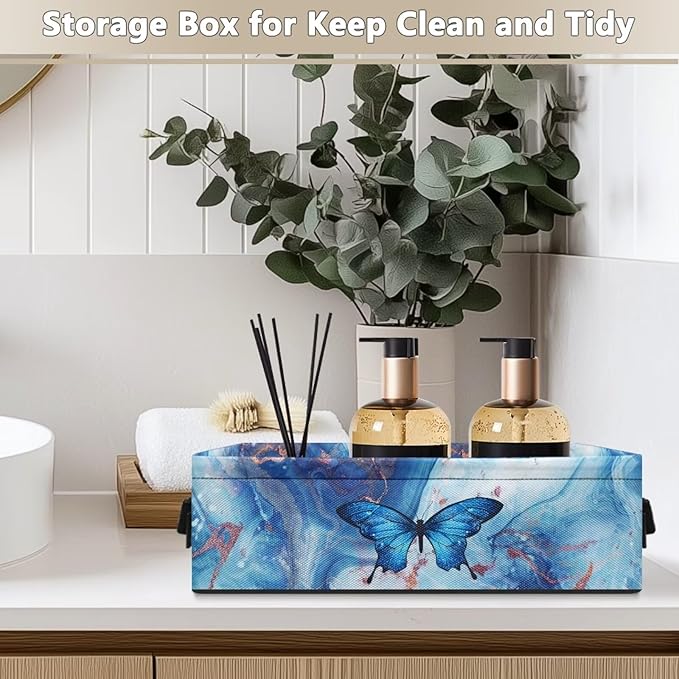 Bathroom Storage Bin Narrow Organizer Versatile Storage Basket for Countertops Vanities Shelves Stylish Rectangle Storage Box for Toilet Paper Towels, Blue Marble Butterfly