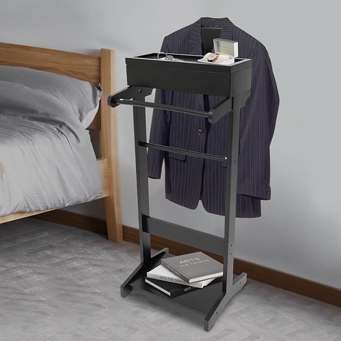 Suit Valet Stand for Men&Women, Wood Suit Rack Stand with Top Tray, Freestanding Clothing Valet Stand-22.05lbs Capacity for Home Entryway Living Room Office (Black)