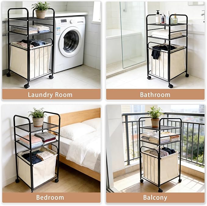 Rolling Storage Cart with Laundry Hamper, 3-Tier Rolling Utility Cart, Removable Laundry Basket - Metal Storage Organizer with Lockable Wheels for Bathroom - 80L, 14.4" x 13.8" x 39.7"