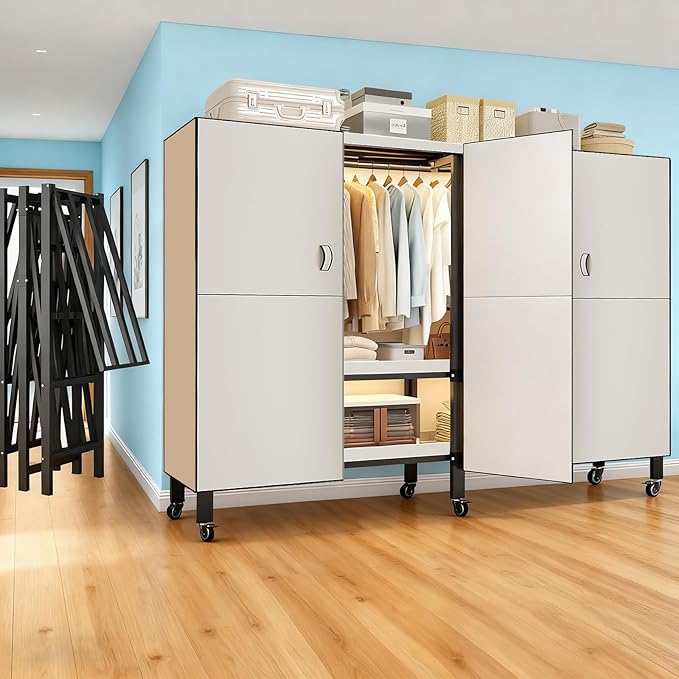 Heavy Duty Portable Closet with Cover Magnetic Doors, Metal Rolling Clothes Rack Heavy Duty 1500LBS, Foldable Clothing Rack, Garment Racks for Bedroom/ LivingRoom/ Rental (KT Off-white, 49.21in)