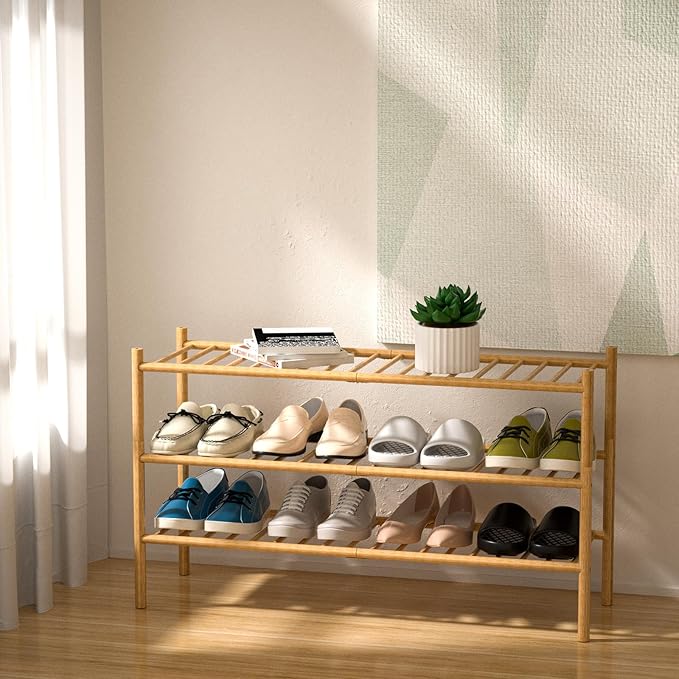 3-Tier Bamboo Long Shoe Rack, Free Standing Wood Shoe Shelf Storage Organizer for Closet Entryway Stackable 35"x11"x20" (Natural)