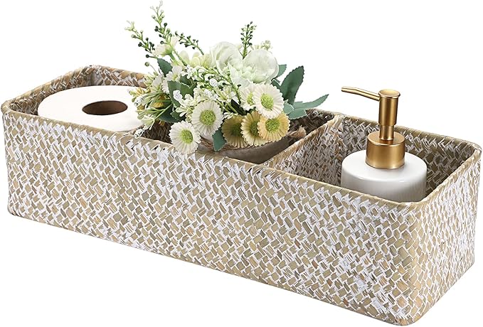 Seagrass Shelf Basket with Dividers, Rectangular Woven Storage Baskets for Organizing, Decorative Wicker Narrow Basket Tray with 3 Sections for Shelves, Toilet Tank, Bathroom Counter