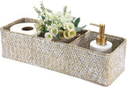 Seagrass Shelf Basket with Dividers, Rectangular Woven Storage Baskets for Organizing, Decorative Wicker Narrow Basket Tray with 3 Sections for Shelves, Toilet Tank, Bathroom Counter
