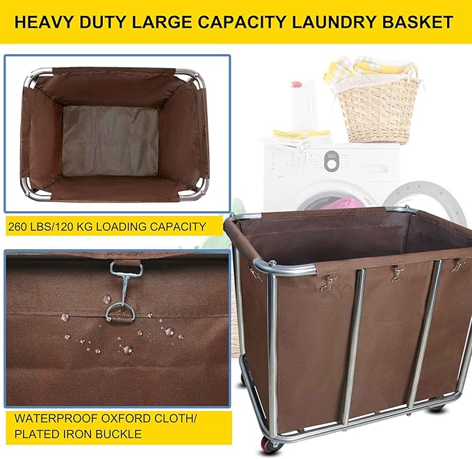 Commercial Laundry Cart with Wheels, Large Industrial Rolling Laundry Basket,Stainless Steel Heavy Duty Commercial Laundry Hamper with Waterproof Lning,Utility Cart, 260 LBS Load,11.35 Bushel