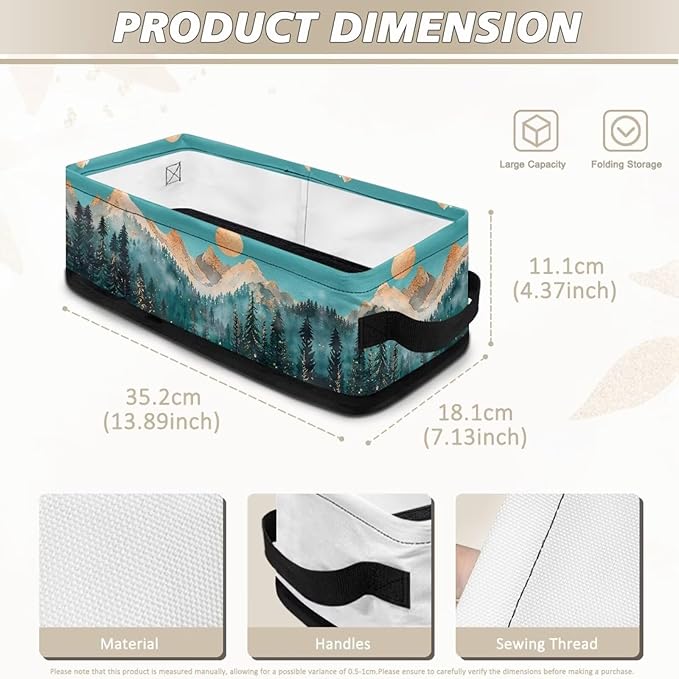 Storage Bins for Organizing Toiletries Foldable Organizer Rectangular Storage Basket for Bathroom Bedroom Office Home Accessories and Decor, Snow Mountain Moon Fir Tree Teal
