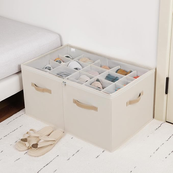 Shoe Organizer for Closet 2 Pack, Foldable Shoe Box with Adjustable Divider and Clear Cover, Space Saving Shoe Storage Organizer Cabinet with Reinforced Handles, Fits 40 Pair, Beige, TP11Y